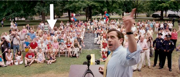 After the painting was finished, I stayed on as an extra for several crowd scenes including this one as we cheered on Steve Carrell as Evan Baxter running for congress. Only with the aid of a pause button could I find myself amongst the other extras in my blue "Baxter for Congress" T-shirt. After this scene was shot, I presented Director Tom Shadyac and Steve Carell each with a print of my painting.